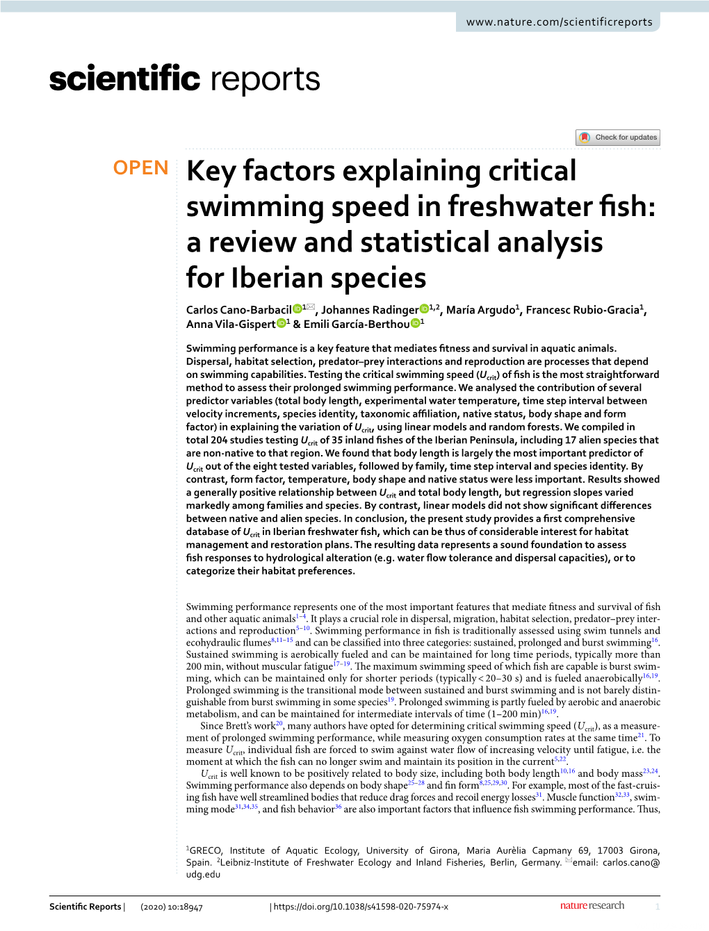 Key Factors Explaining Critical Swimming Speed in Freshwater Fish