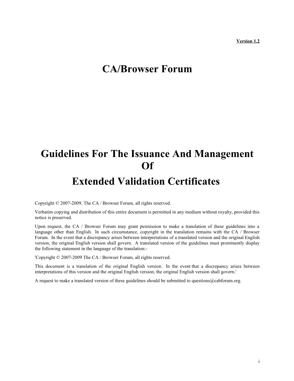 Guidelines for the Issuance and Management of Extended Validation Certificates