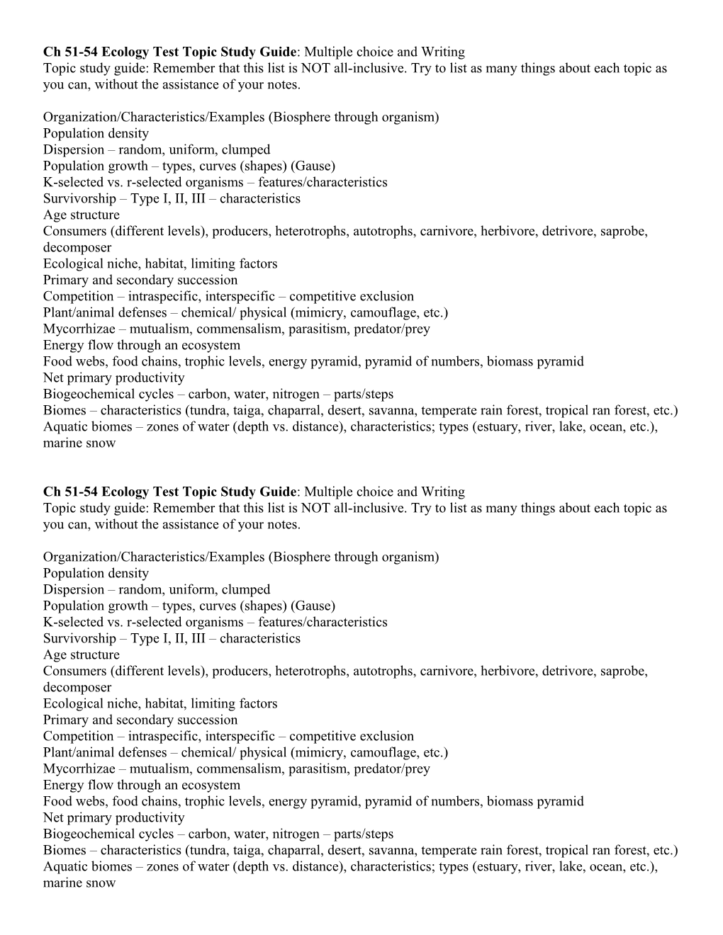 Ch 51-54 Ecology Test Topic Study Guide : Multiple Choice and Writing