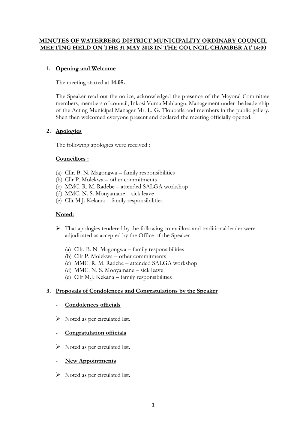 Minutes of Waterberg District Municipality Ordinary Council Meeting Held on the 31 May 2018 in the Council Chamber at 14:00