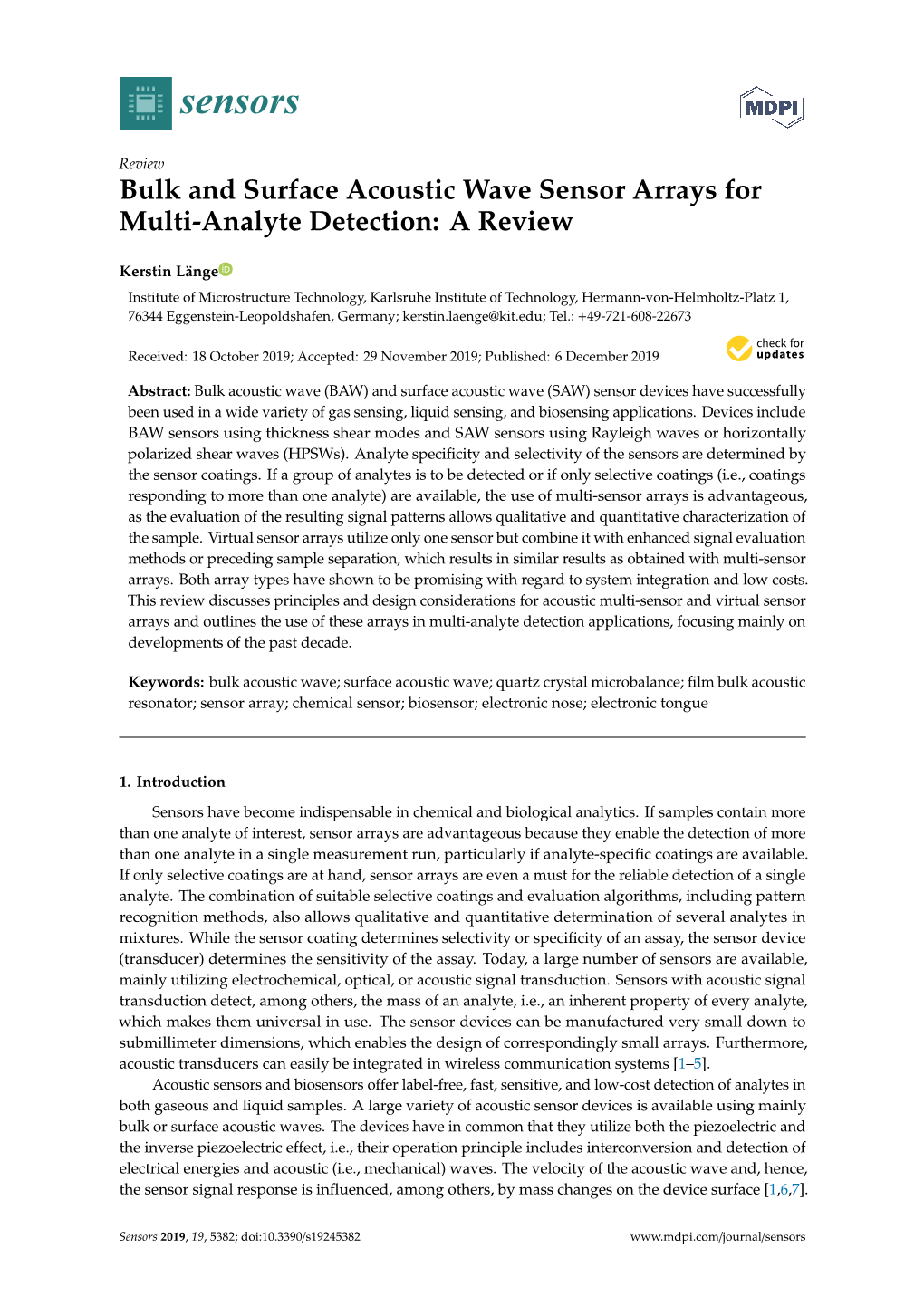 Bulk and Surface Acoustic Wave Sensor Arrays for Multi-Analyte Detection: a Review
