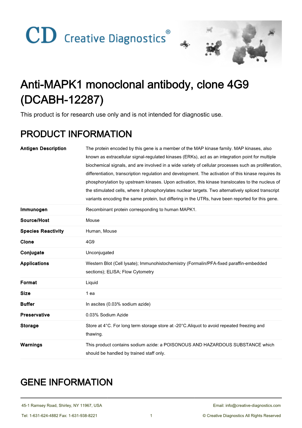 Anti-MAPK1 Monoclonal Antibody, Clone 4G9 (DCABH-12287) This Product Is for Research Use Only and Is Not Intended for Diagnostic Use