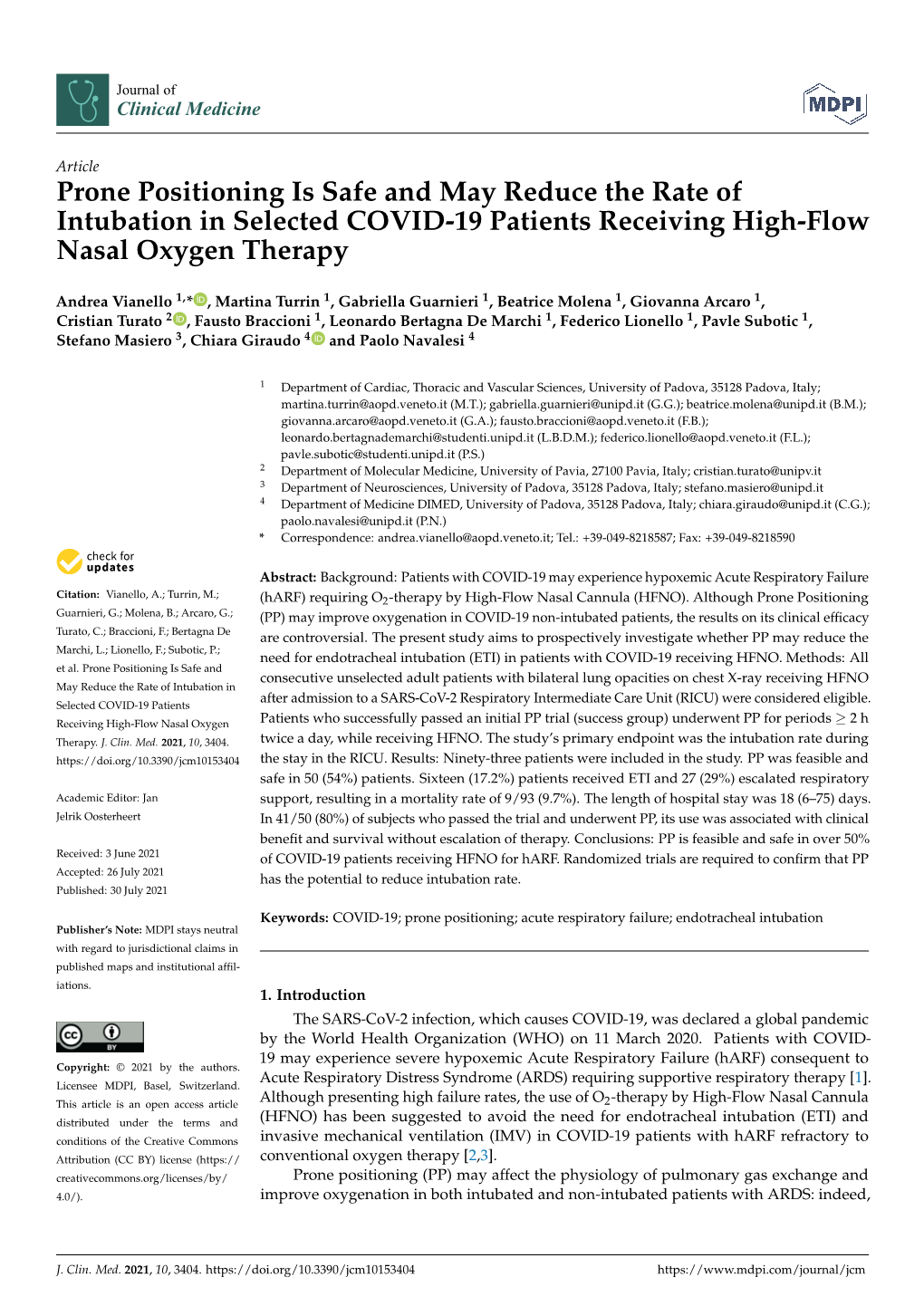 Prone Positioning Is Safe and May Reduce the Rate of Intubation in Selected COVID-19 Patients Receiving High-Flow Nasal Oxygen Therapy