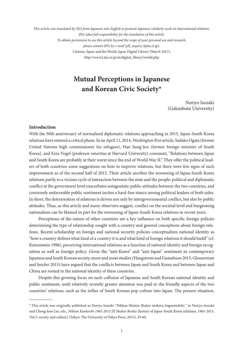 Mutual Perceptions in Japanese and Korean Civic Society*