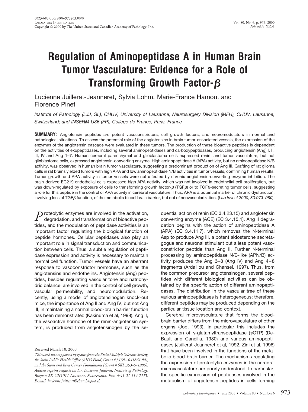 Regulation of Aminopeptidase a in Human Brain Tumor