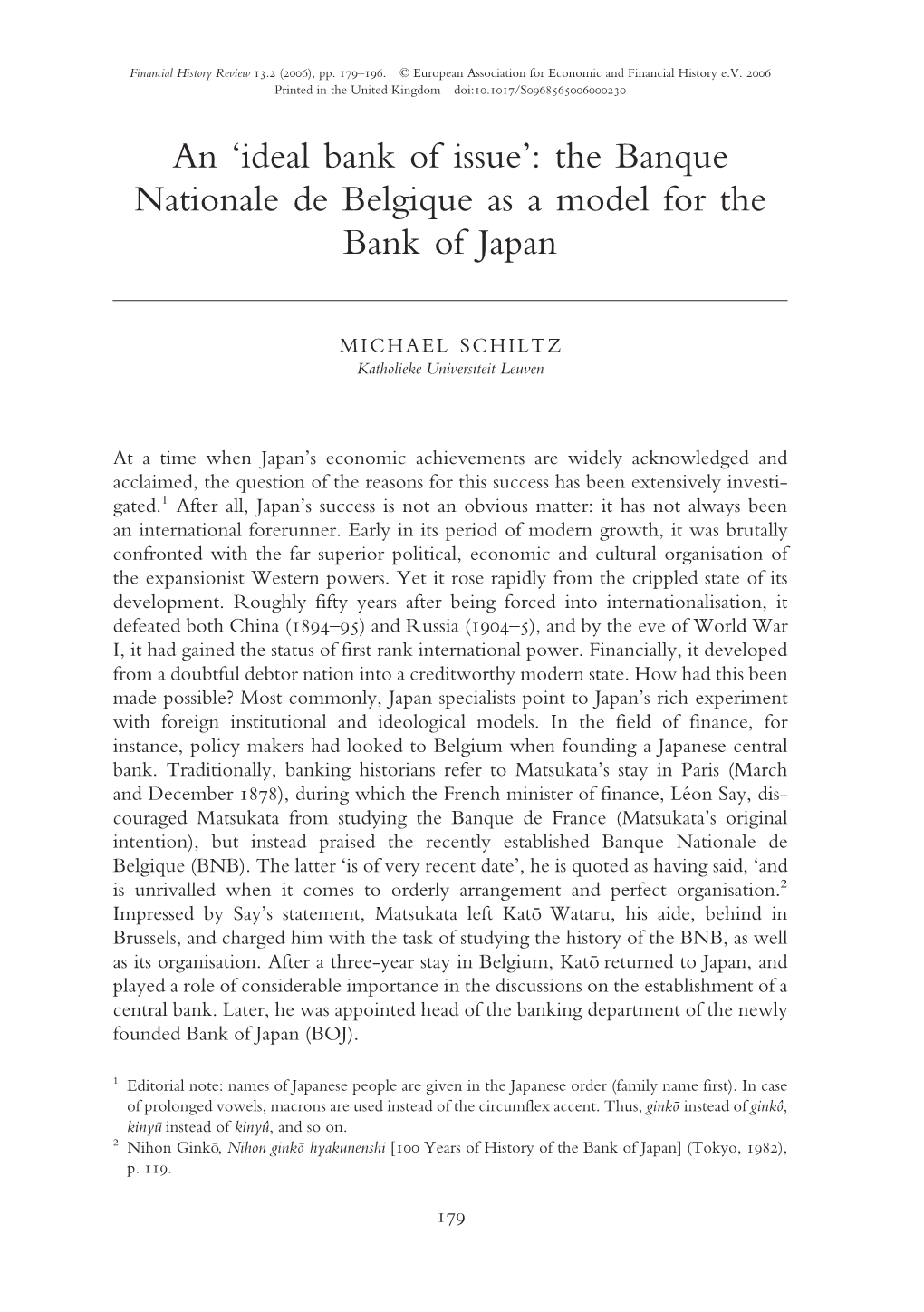 The Banque Nationale De Belgique As a Model for the Bank of Japan