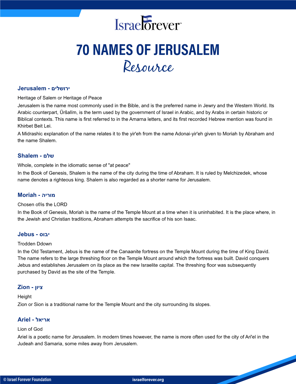 70 NAMES of JERUSALEM Resource