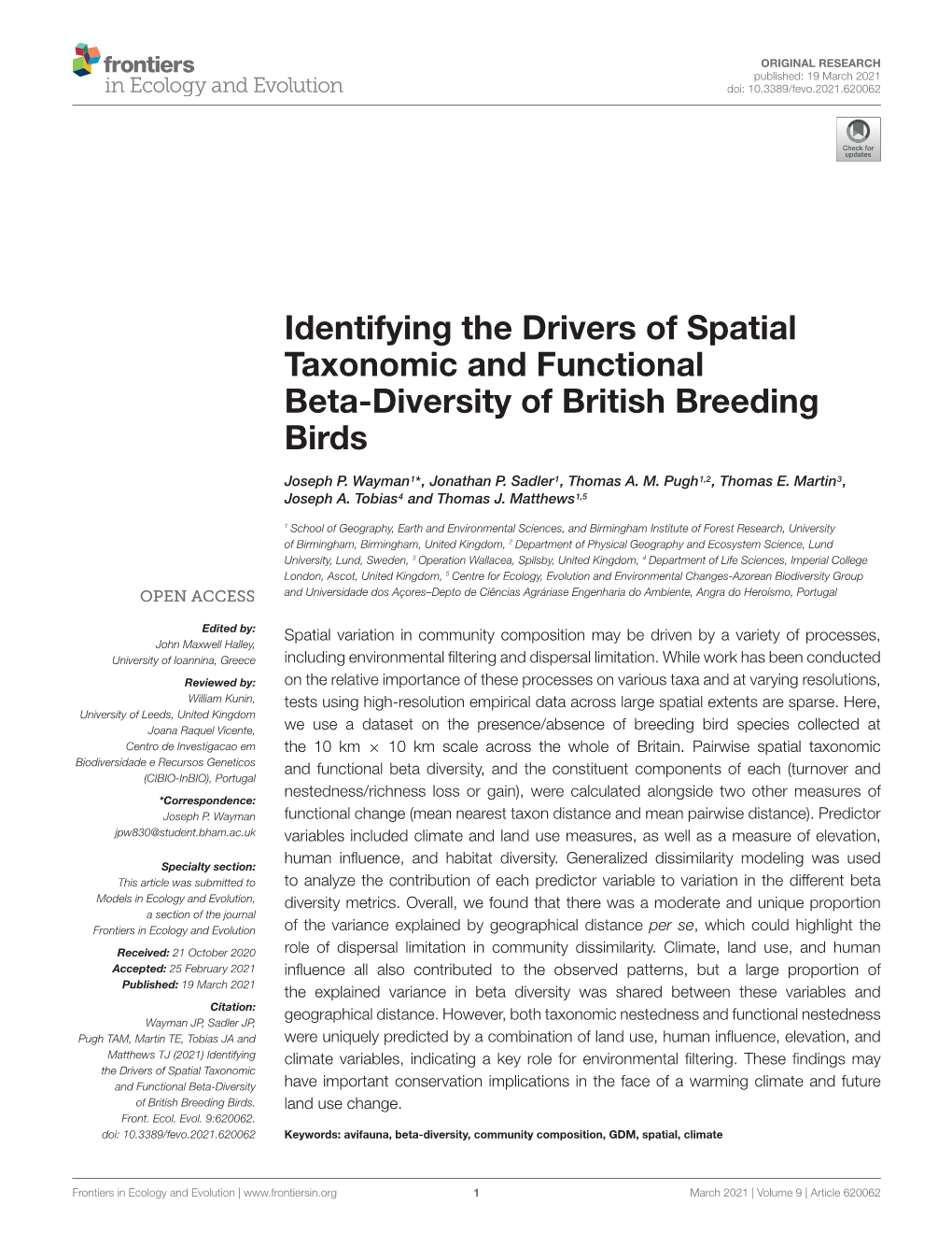 Identifying the Drivers of Spatial Taxonomic and Functional Beta-Diversity of British Breeding Birds