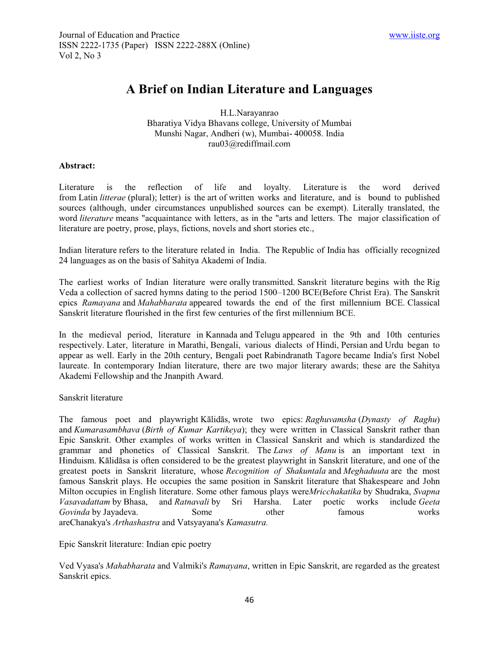 A Brief on Indian Literature and Languages