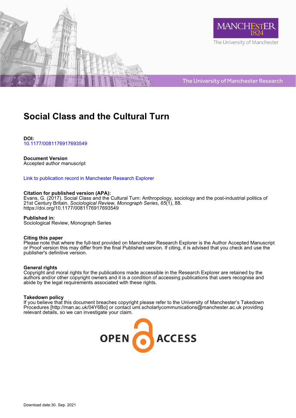 Social Class and the Cultural Turn