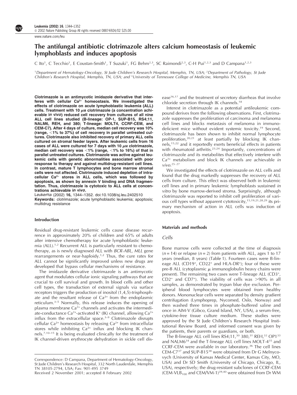 The Antifungal Antibiotic Clotrimazole Alters Calcium Homeostasis of Leukemic Lymphoblasts and Induces Apoptosis