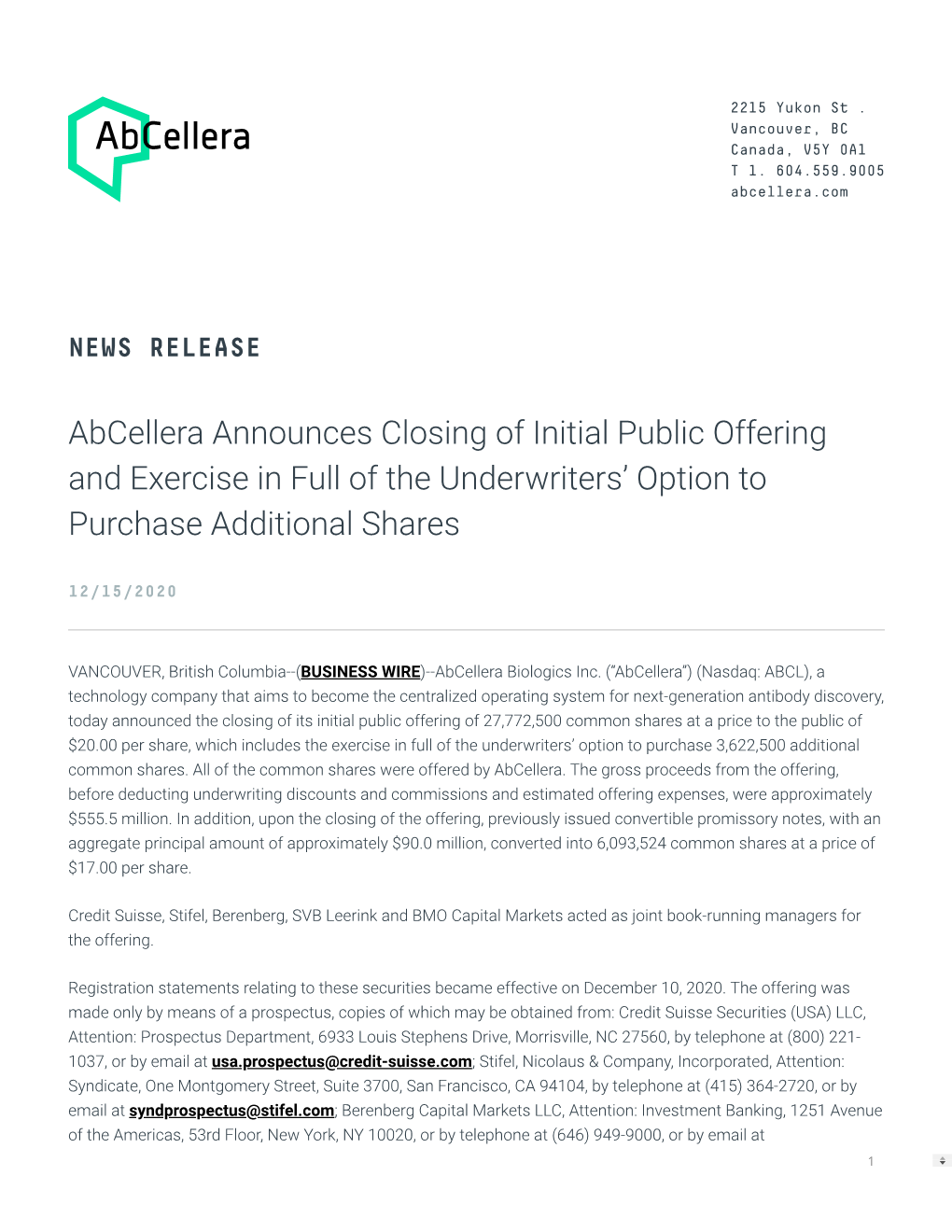 Abcellera Announces Closing of Initial Public Offering and Exercise in Full of the Underwriters' Option to Purchase Additional