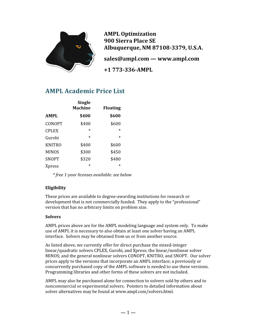 AMPL Academic Price List