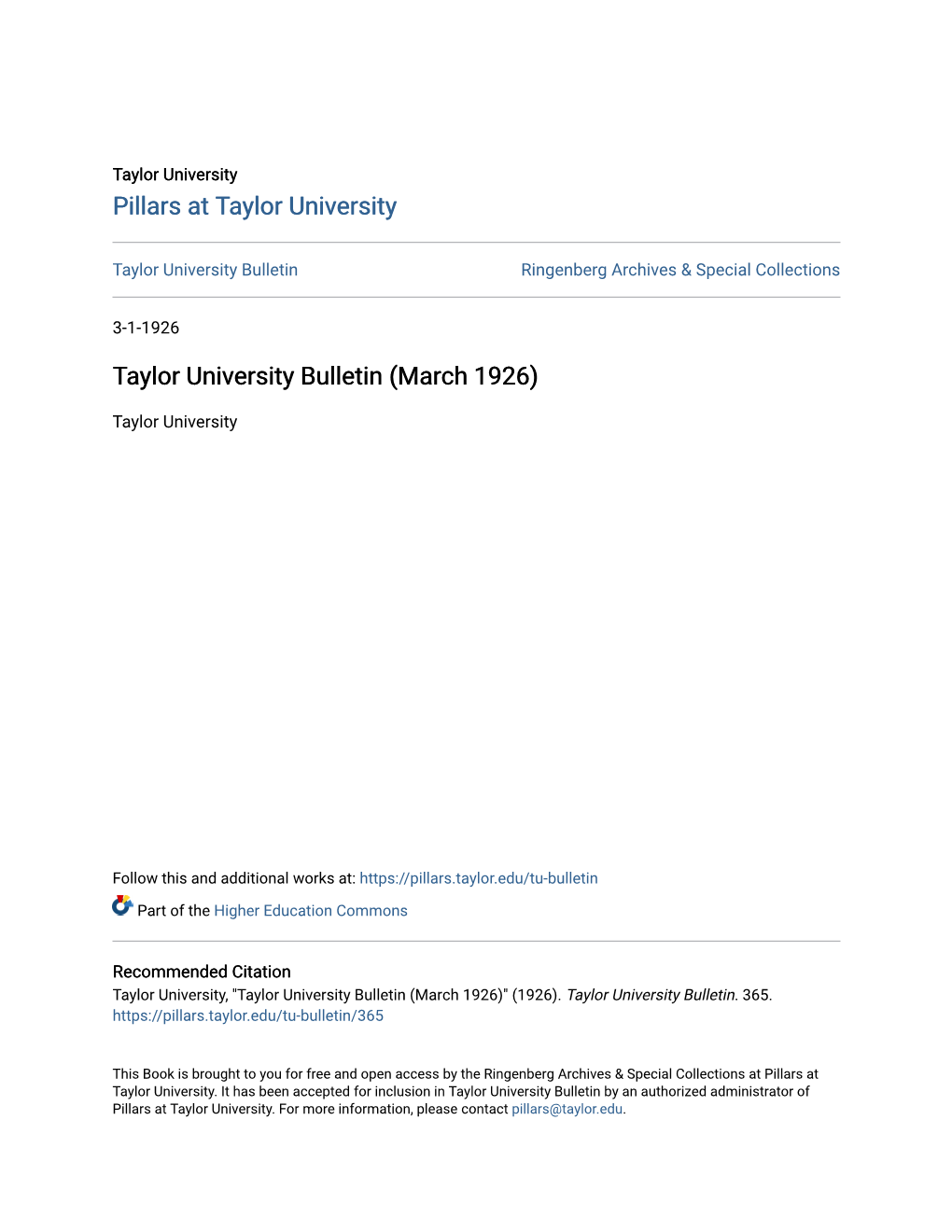 Taylor University Bulletin (March 1926)