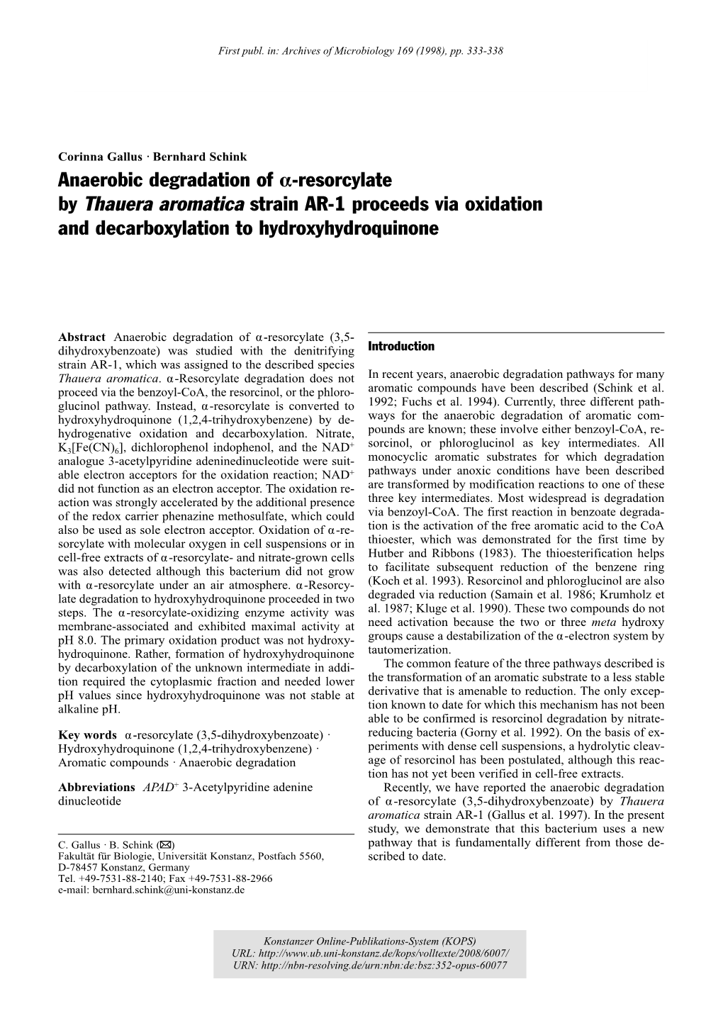 Anaerobic Degradation of Alpha-Resorcylate by Thauera