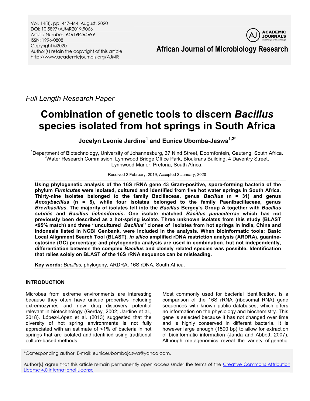 Combination of Genetic Tools to Discern Bacillus Species Isolated from Hot Springs in South Africa