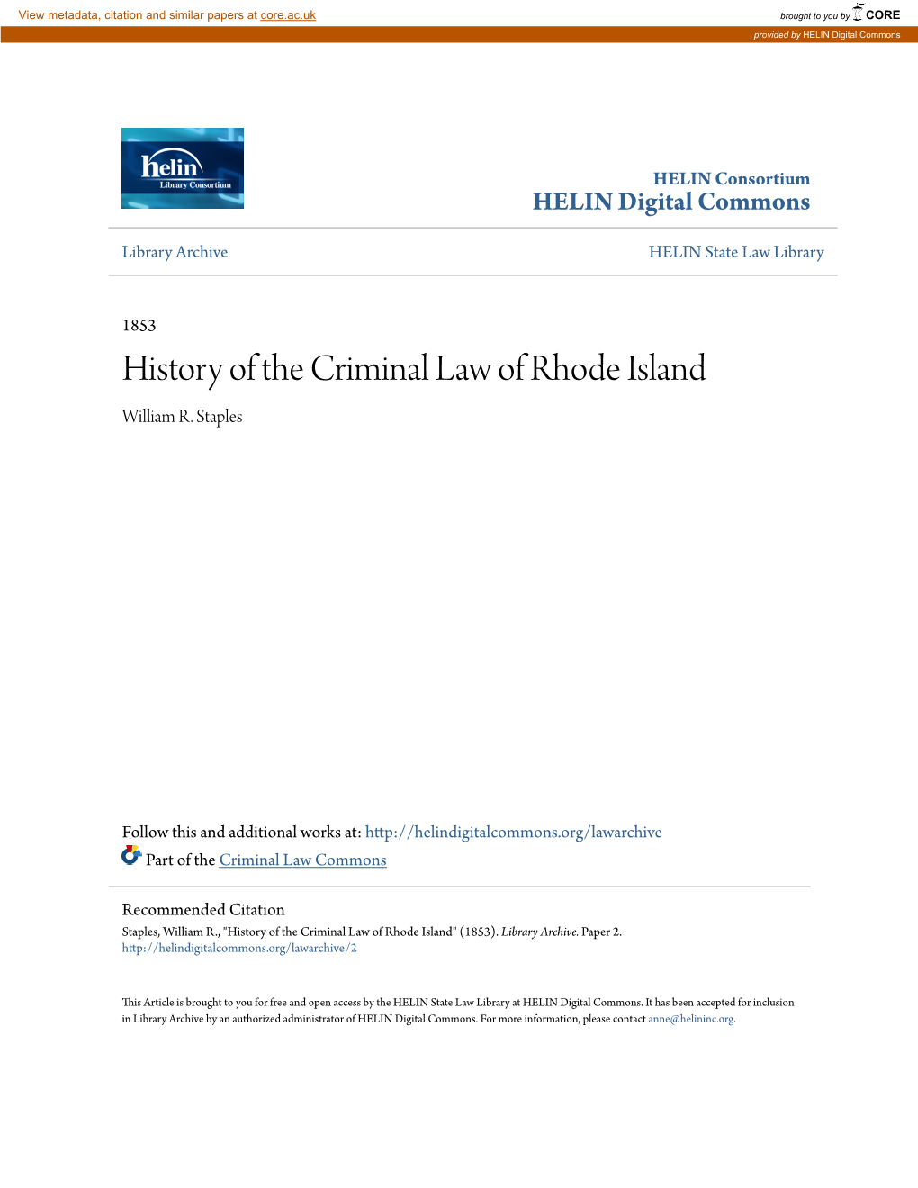 History of the Criminal Law of Rhode Island William R