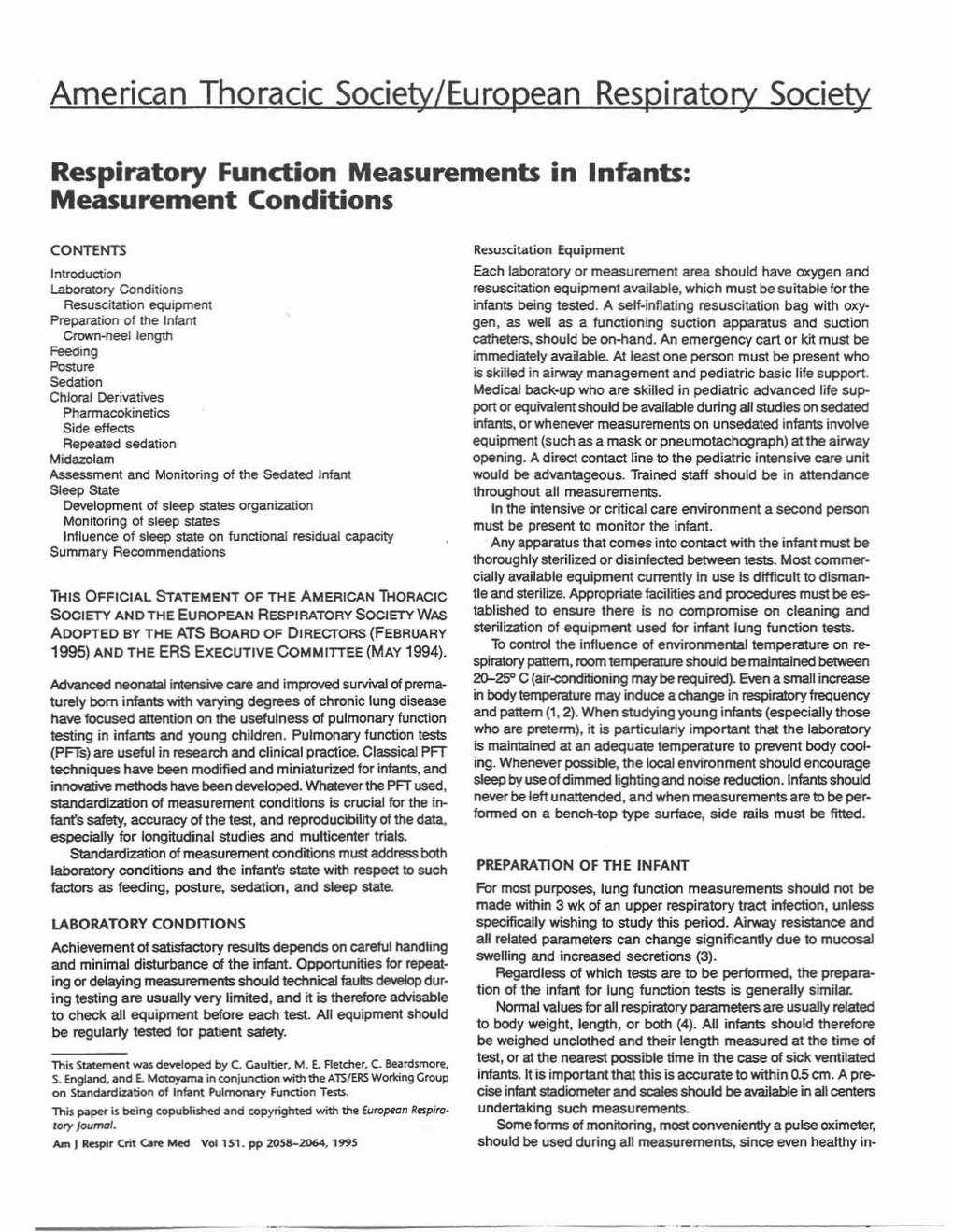 Respiratory Function Measurements in Infants Measurement Conditions