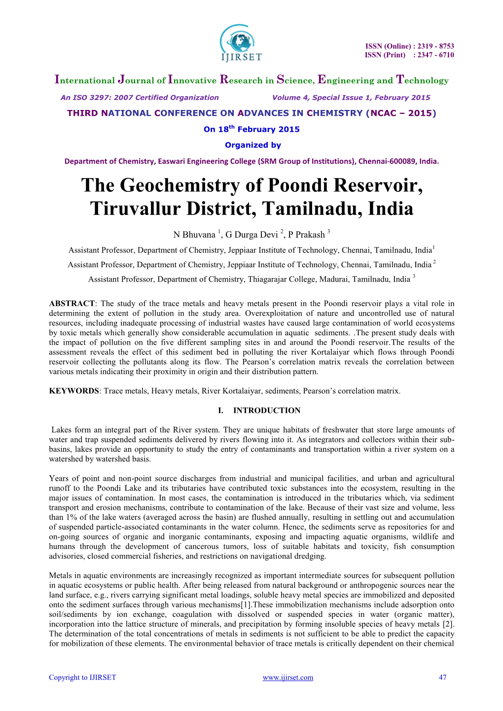 The Geochemistry of Poondi Reservoir, Tiruvallur District, Tamilnadu, India