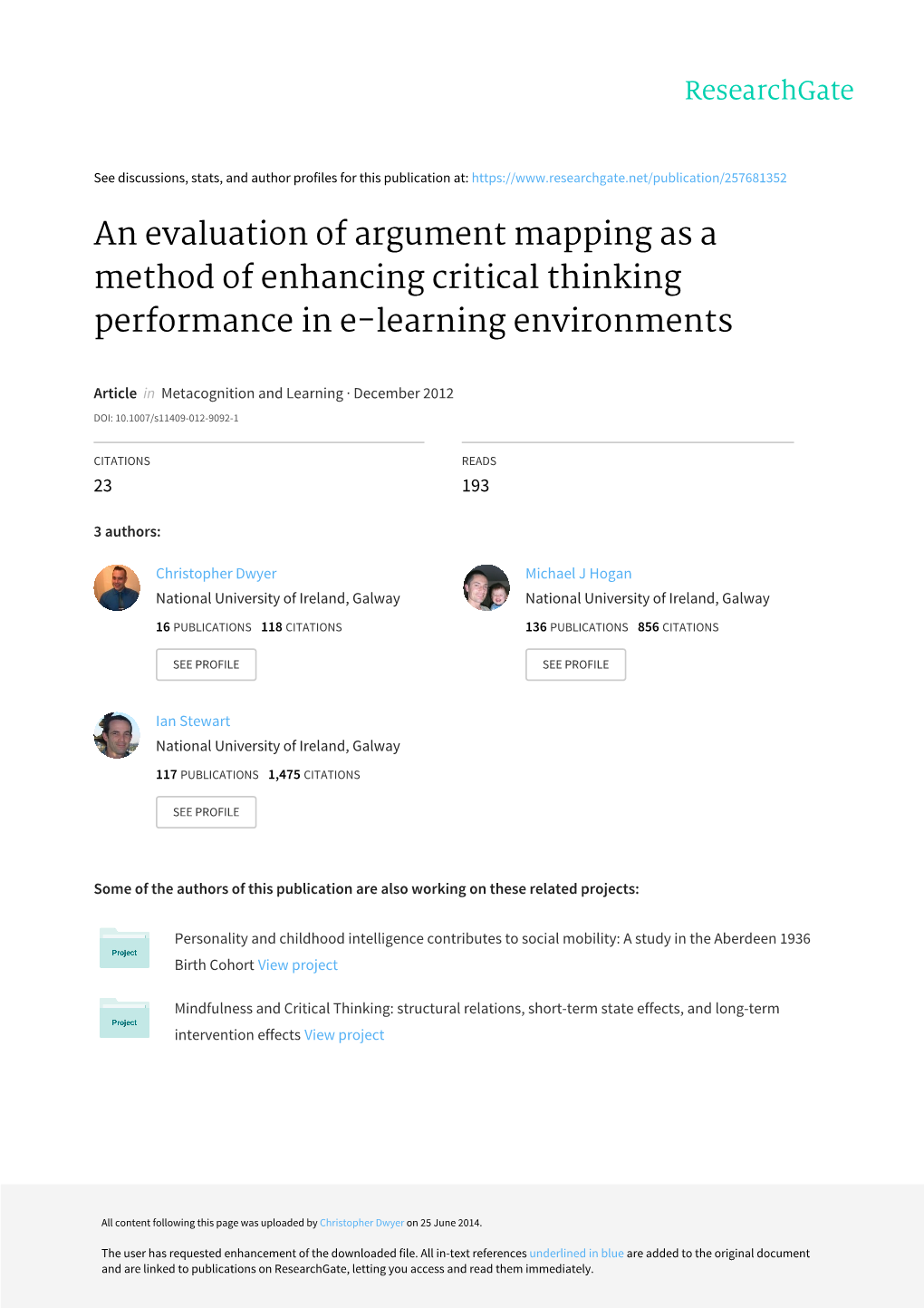 An Evaluation of Argument Mapping As a Method of Enhancing Critical Thinking Performance in E-Learning Environments