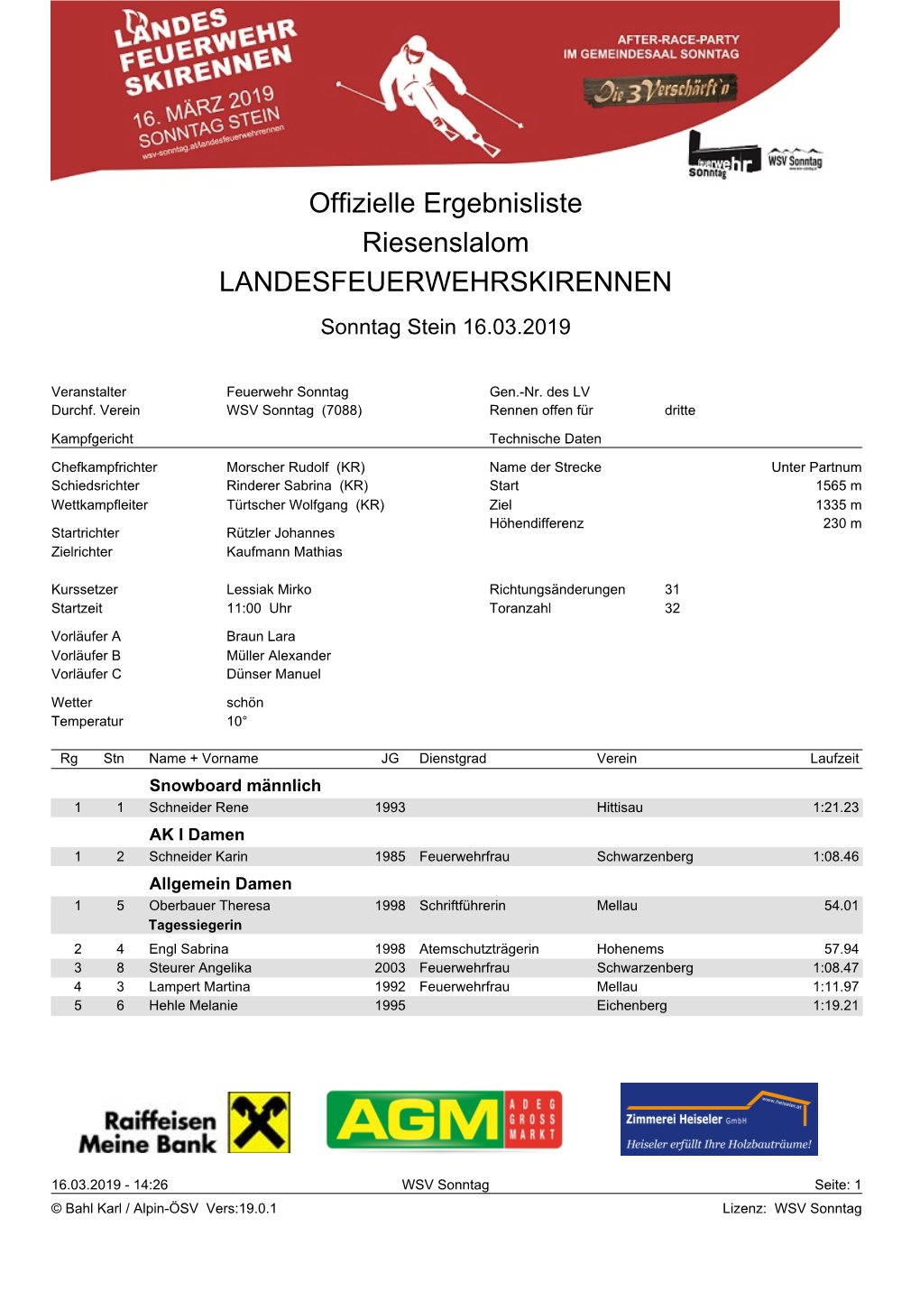 Offizielle Ergebnisliste Riesenslalom LANDESFEUERWEHRSKIRENNEN Sonntag Stein 16.03.2019