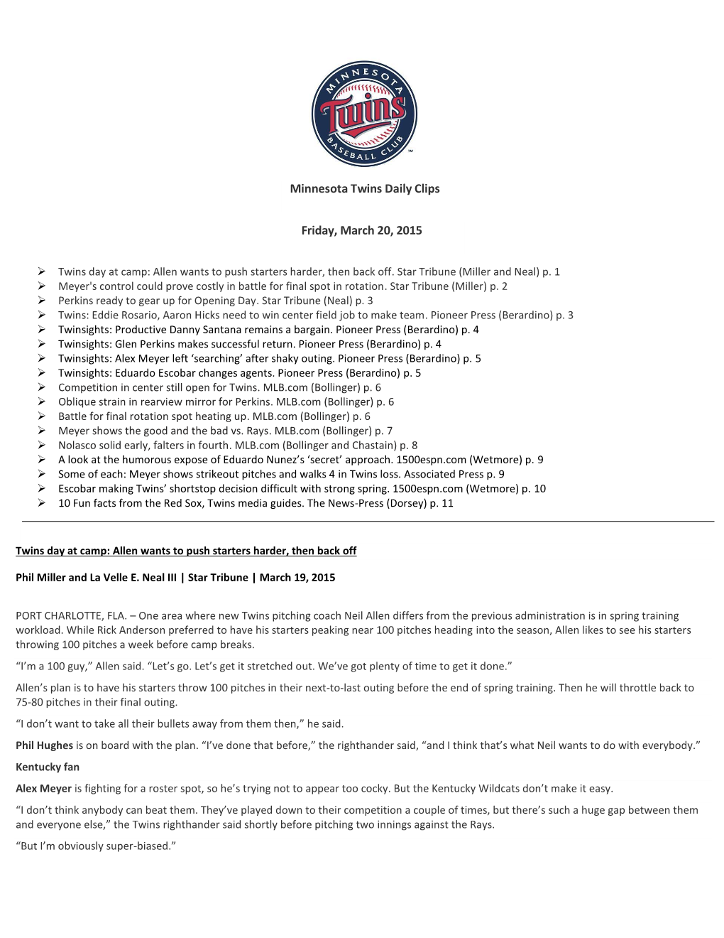 Minnesota Twins Daily Clips Friday, March 20, 2015