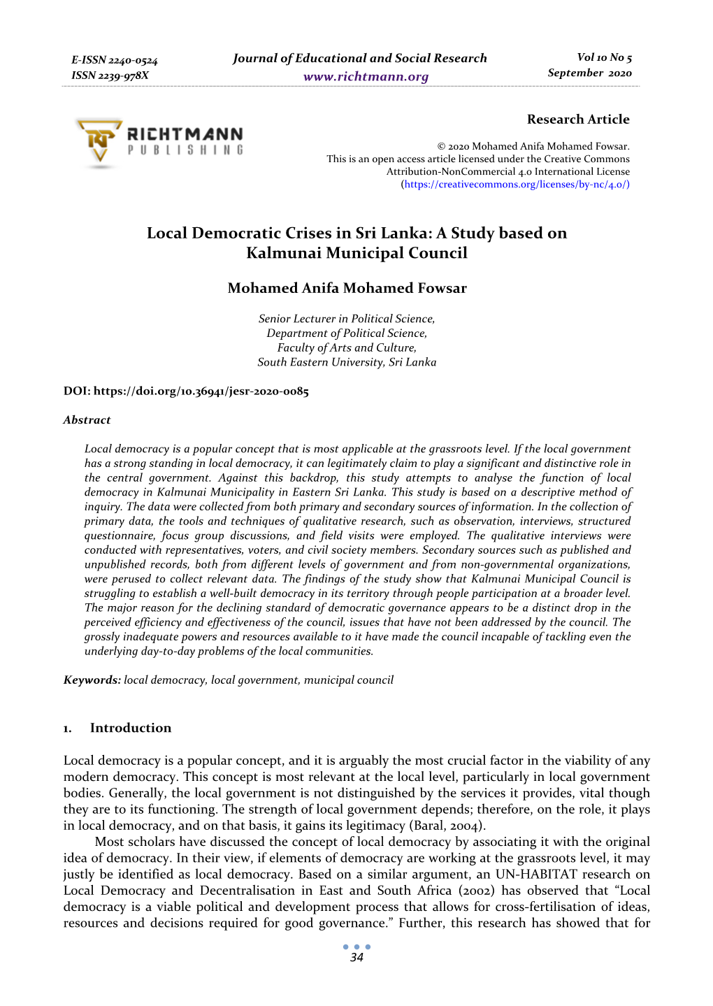 Local Democratic Crises in Sri Lanka: a Study Based on Kalmunai Municipal Council