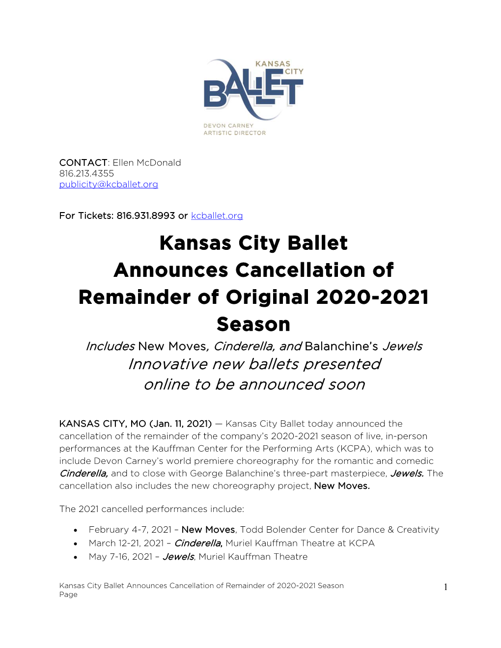 Kansas City Ballet Announces Cancellation of Remainder Of