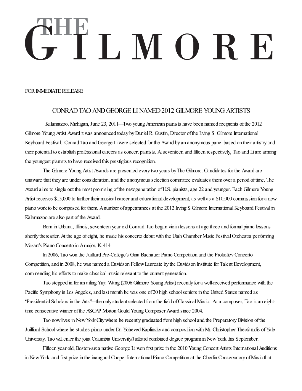 Conrad Tao and George Li Named 2012 Gilmore Young Artists