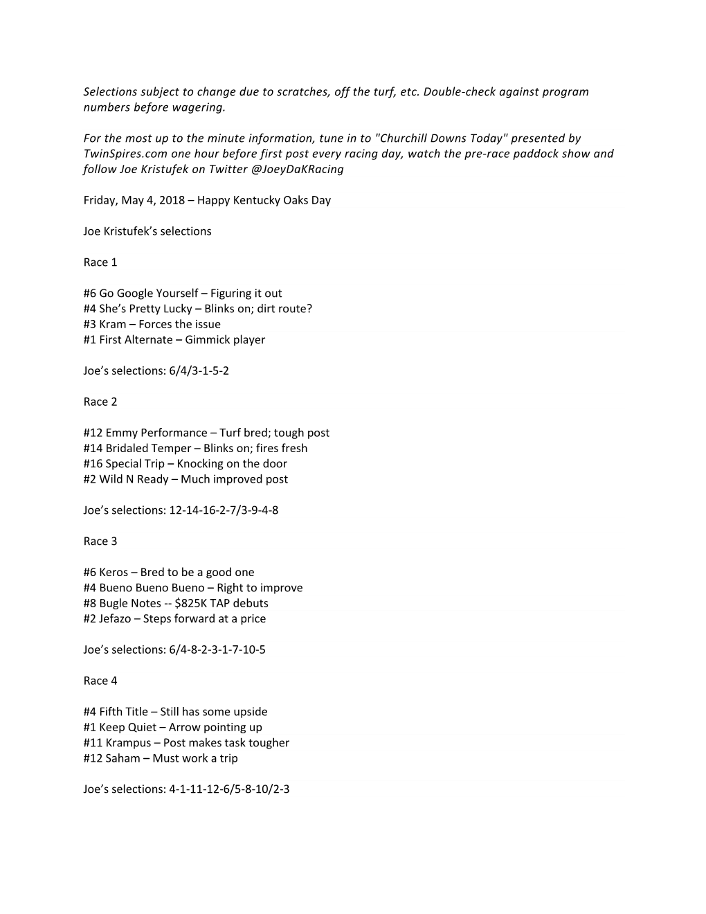 Selections Subject to Change Due to Scratches, Off the Turf, Etc. Double-Check Against Program Numbers Before Wagering