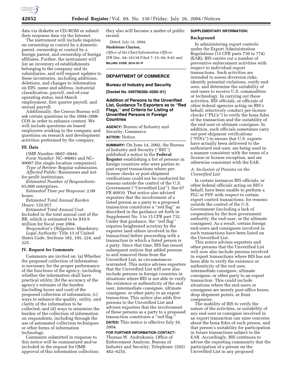 Federal Register/Vol. 69, No. 136/Friday, July 16, 2004/Notices