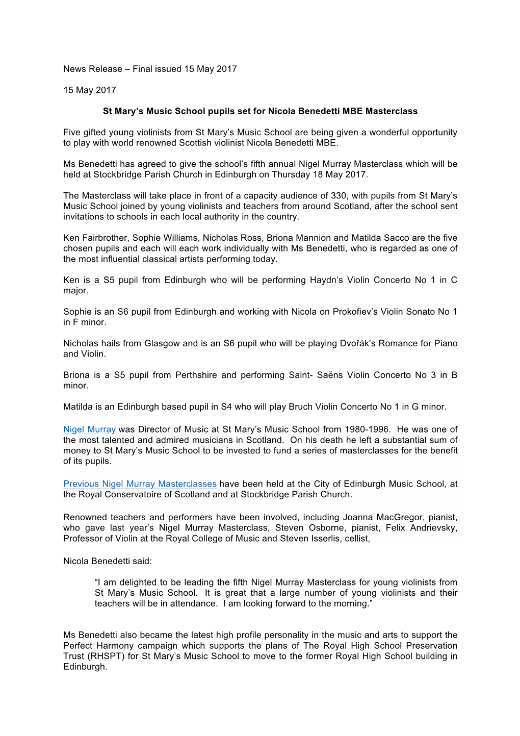 Nicola Benedetti Masterclass News Release