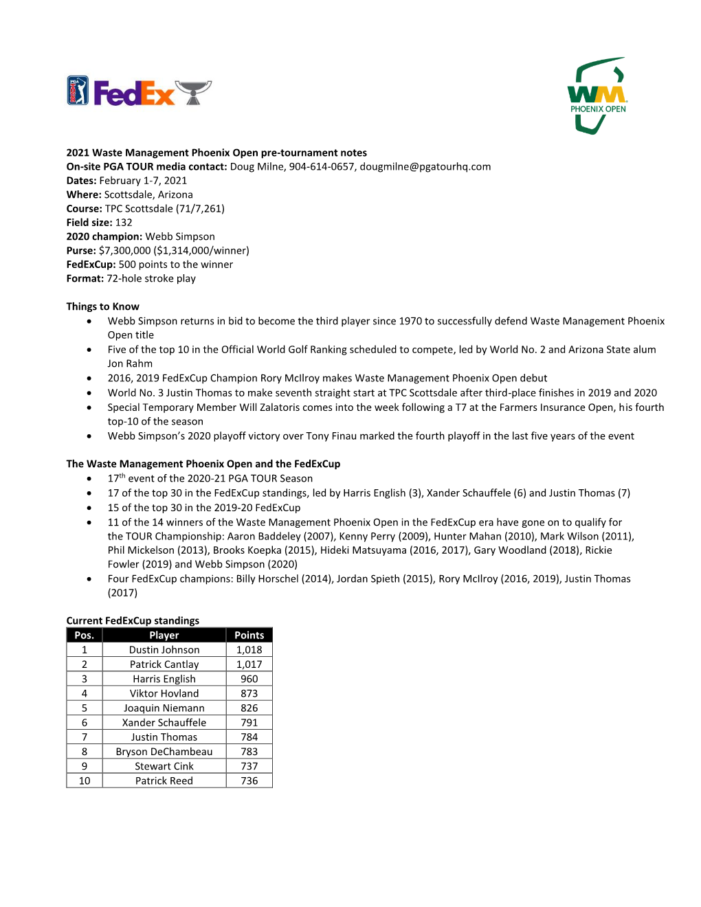 2021 Waste Management Phoenix Open Pre-Tournament Notes On-Site PGA TOUR Media Contact