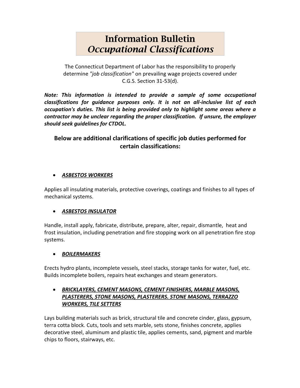 Information Bulletin Occupational Classifications