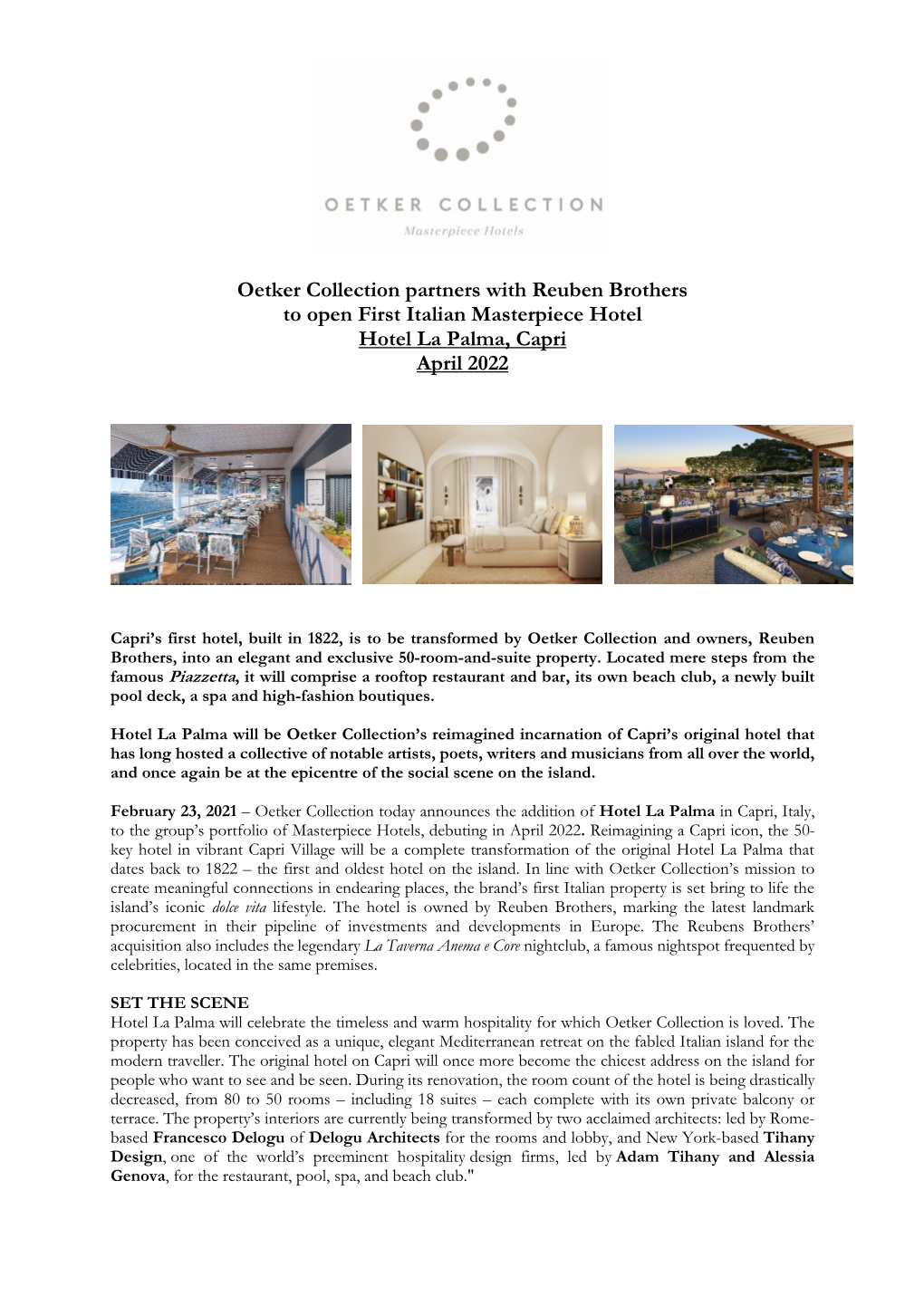 Oetker Collection Partners with Reuben Brothers to Open First Italian Masterpiece Hotel Hotel La Palma, Capri April 2022