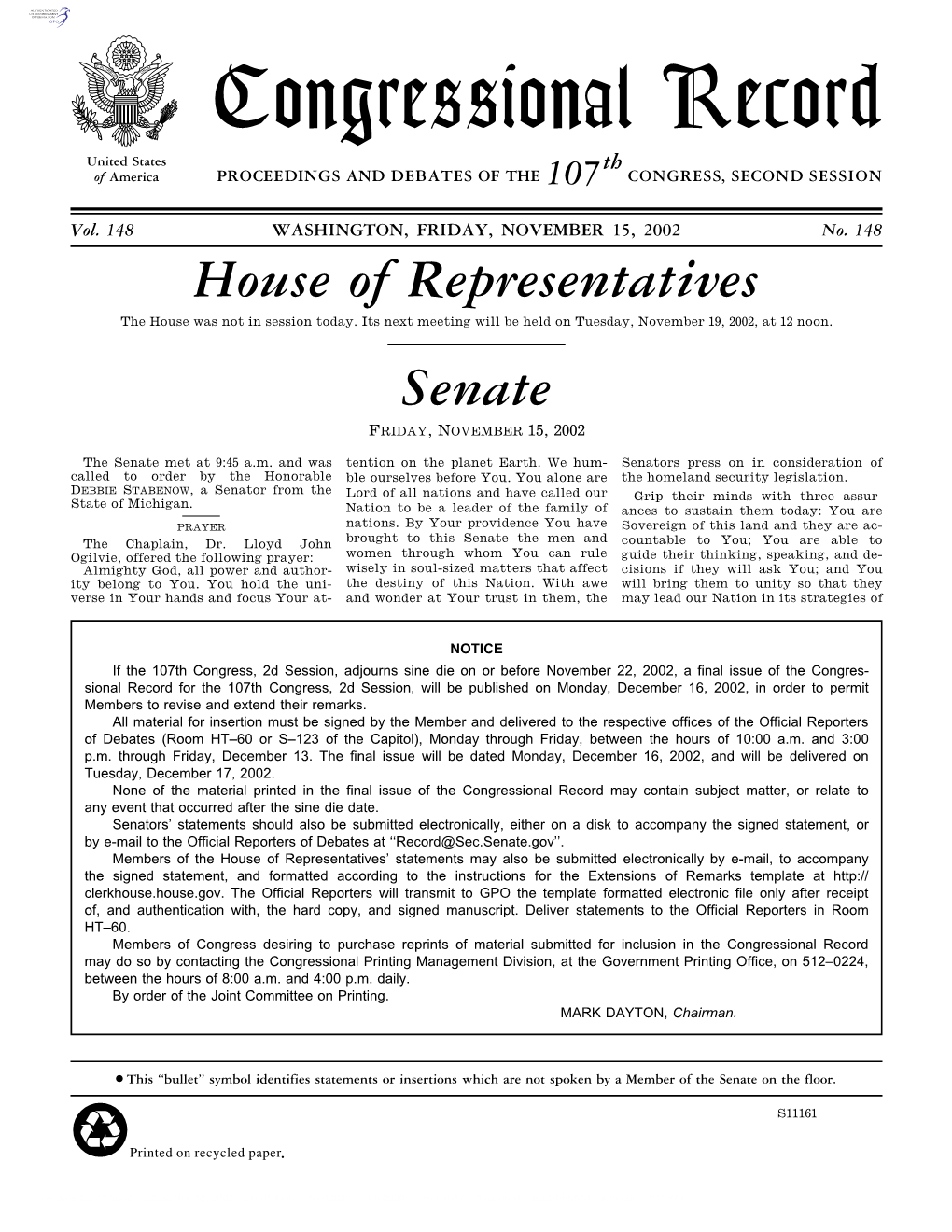 Congressional Record United States Th of America PROCEEDINGS and DEBATES of the 107 CONGRESS, SECOND SESSION