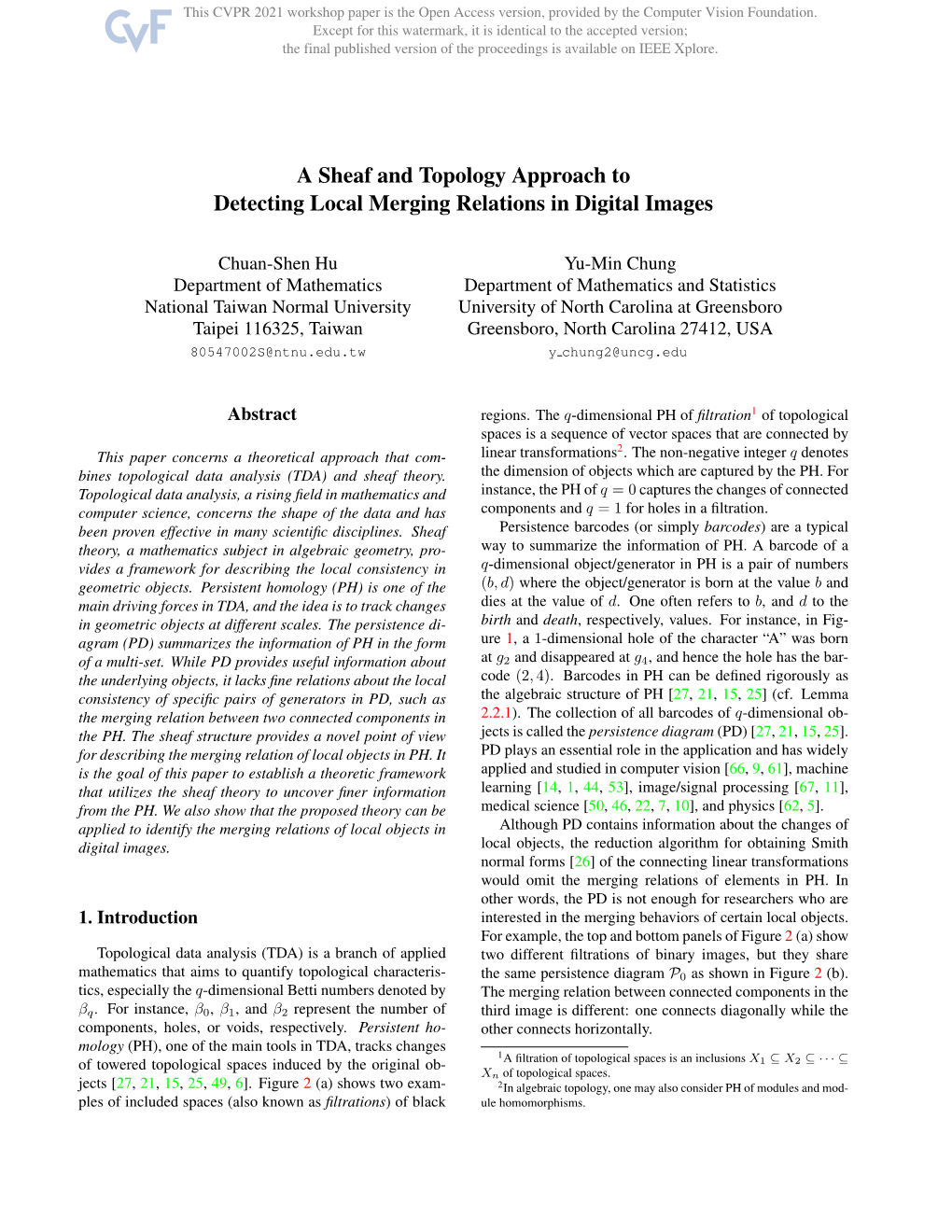 A Sheaf and Topology Approach to Detecting Local Merging Relations in Digital Images