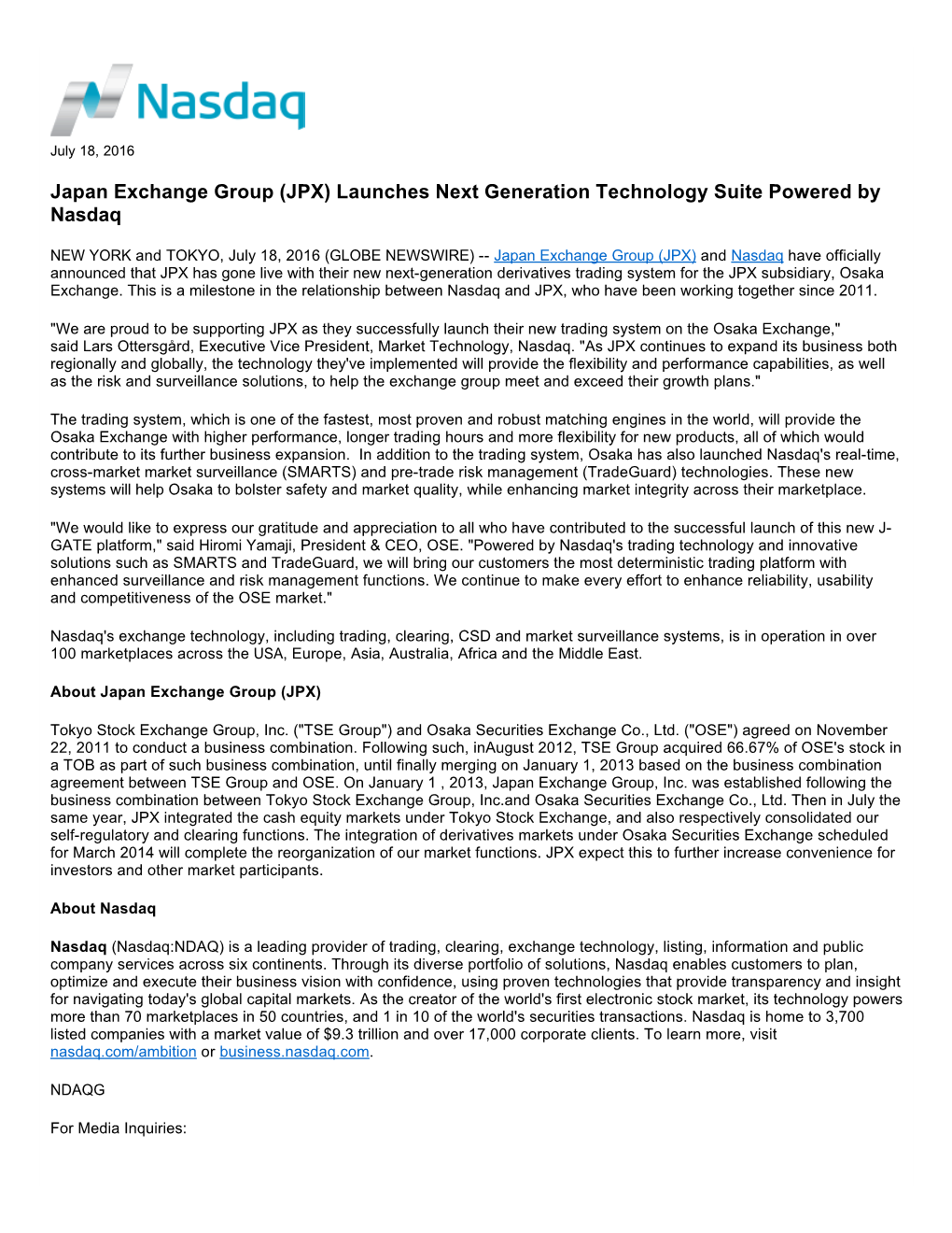 Japan Exchange Group (JPX) Launches Next Generation Technology Suite Powered by Nasdaq
