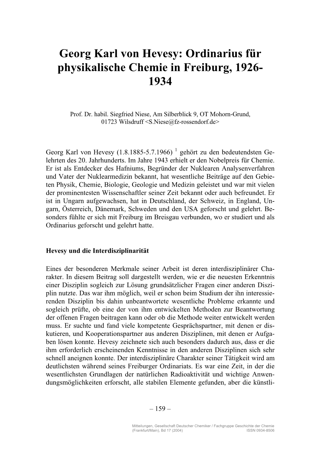 Georg Karl Von Hevesy: Ordinarius Für Physikalische Chemie in Freiburg, 1926- 1934