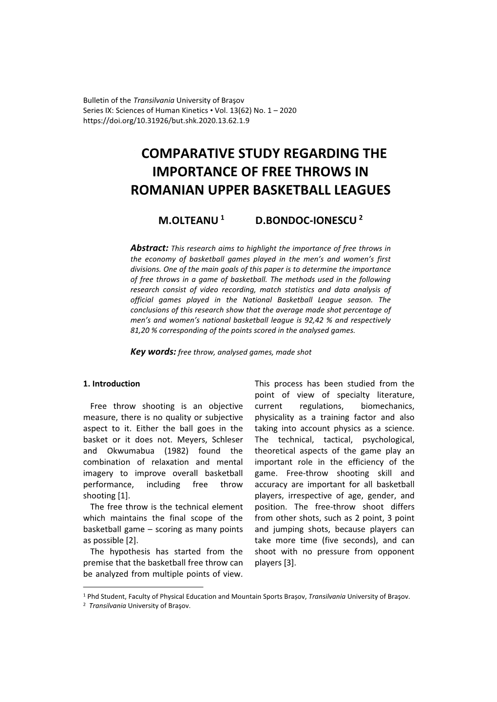 Scomparative Study Regarding the Importance of Free Throws in Romanian Upper Basketball Leagues