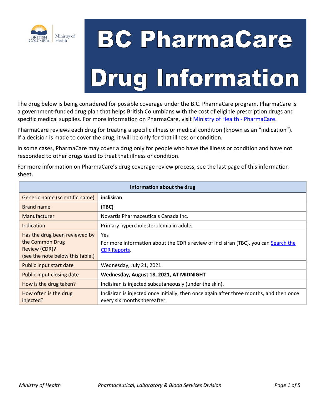 B.C. Pharmacare Drug Information Sheet for Inclisiran