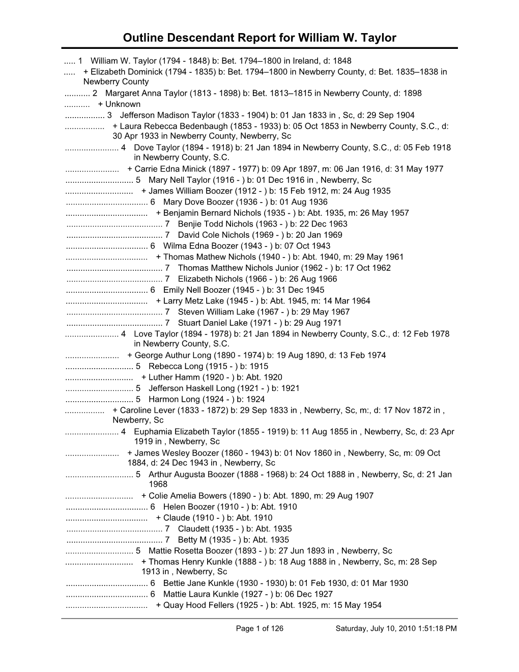 Outline Descendant Report for William W