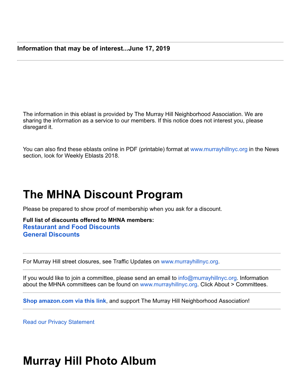 The MHNA Discount Program Murray Hill Photo Album