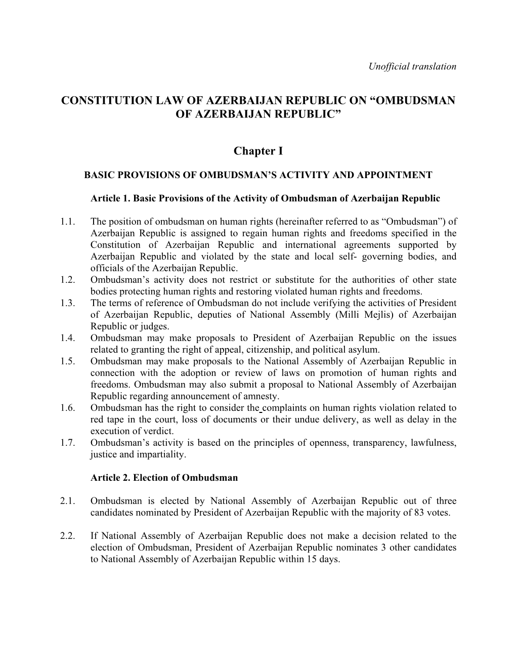 Constitution Law of Azerbaijan Republic on “Ombudsman of Azerbaijan Republic”