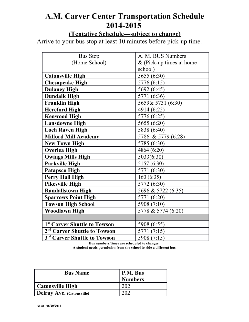 A.M. Carver Center Transportation Schedule 2014-2015