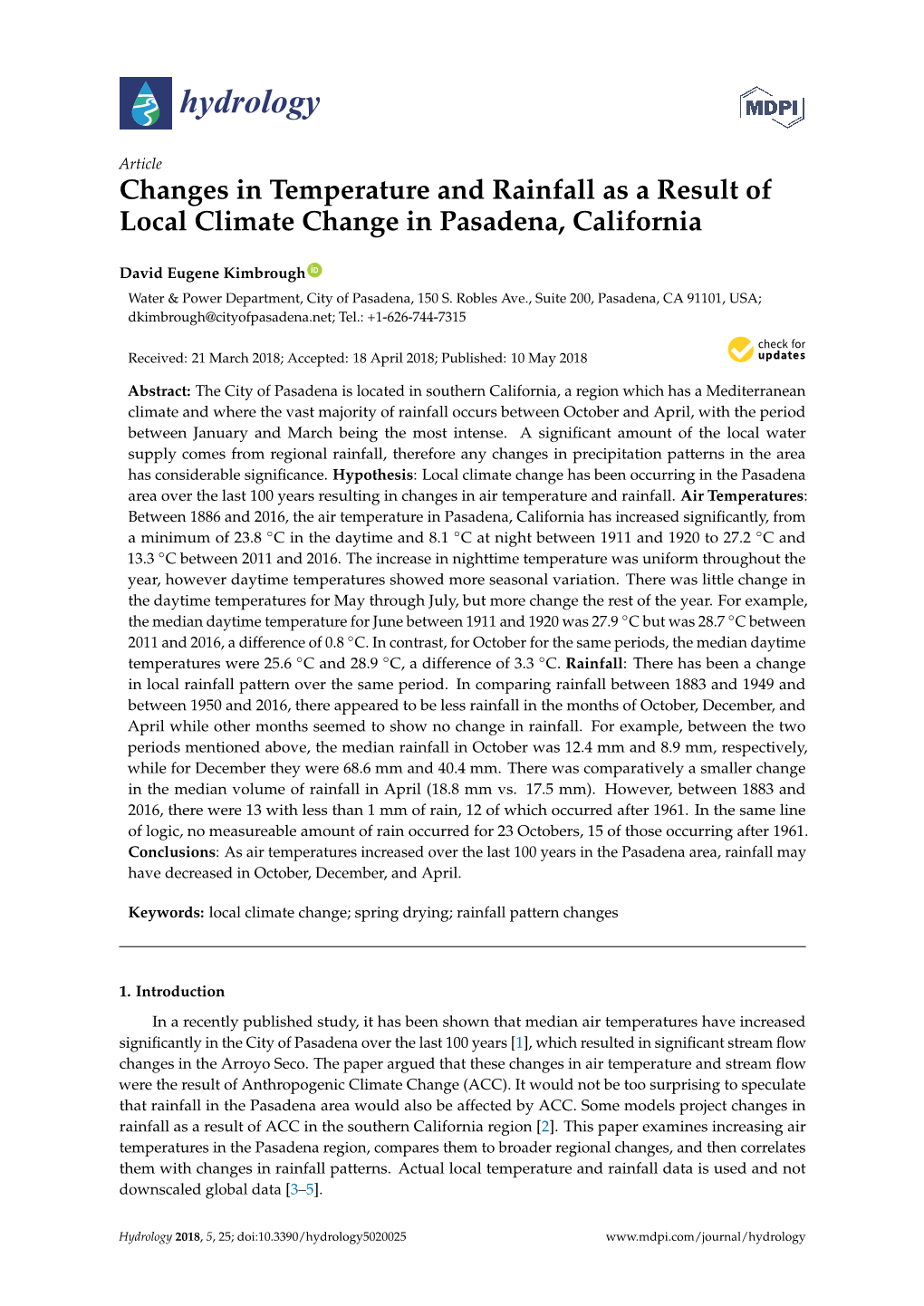 Changes in Temperature and Rainfall As a Result of Local Climate Change in Pasadena, California