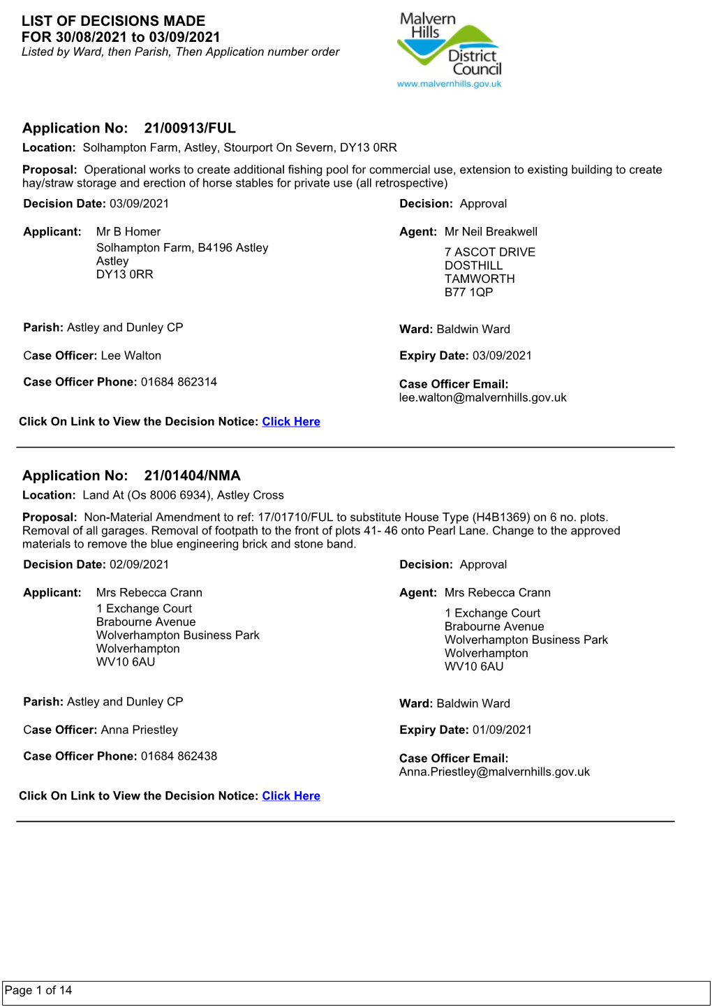 LIST of DECISIONS MADE for 30/08/2021 to 03/09/2021 Listed by Ward, Then Parish, Then Application Number Order