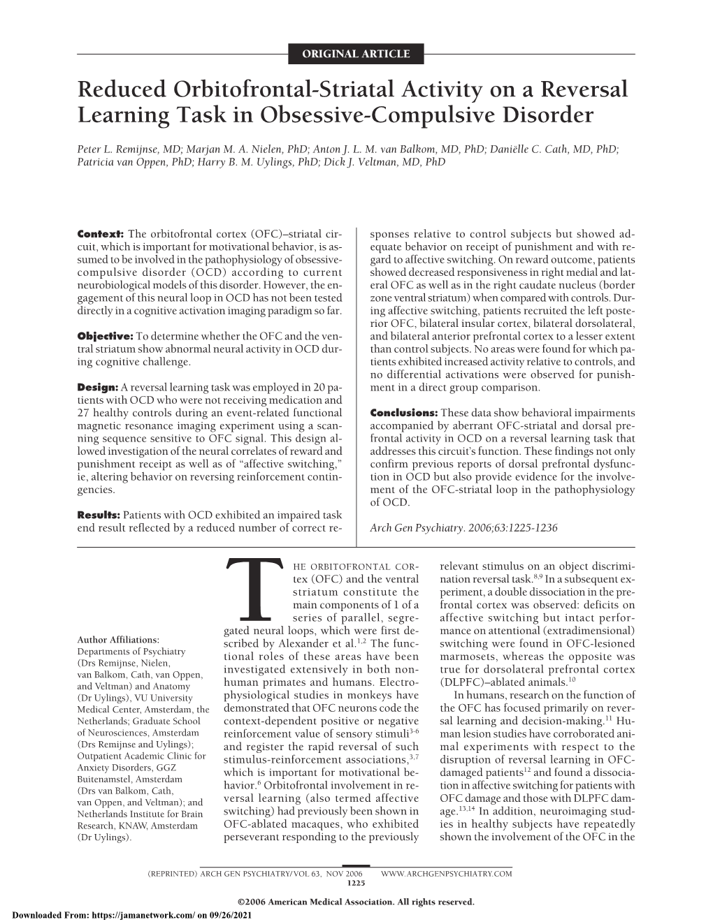 Reduced Orbitofrontal-Striatal Activity on a Reversal Learning Task in Obsessive-Compulsive Disorder