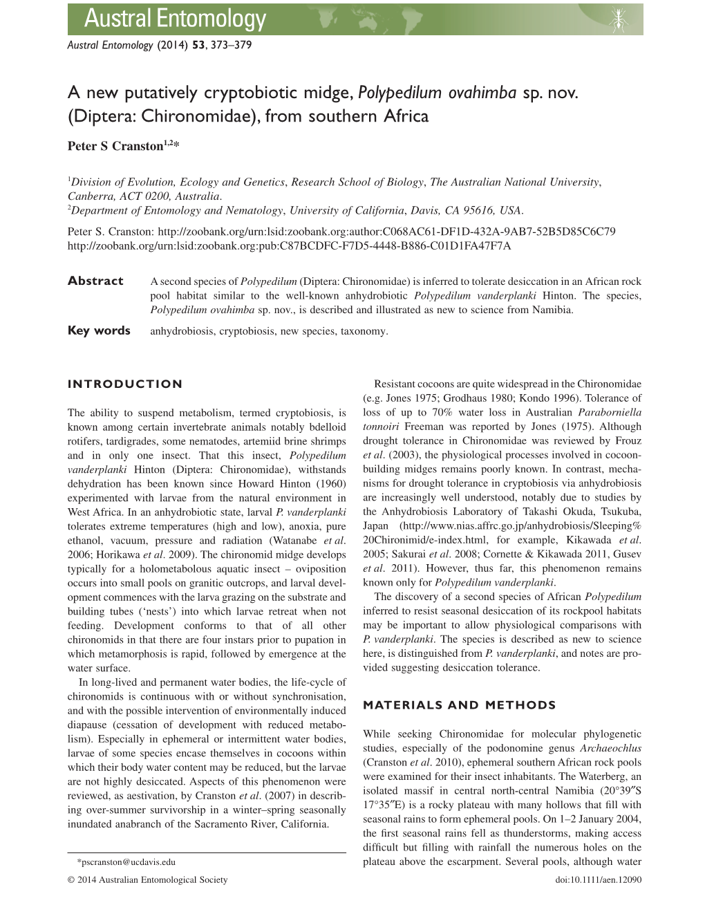 A New Putatively Cryptobiotic Midge, Polypedilum Ovahimba Sp. Nov. (Diptera: Chironomidae), from Southern Africa