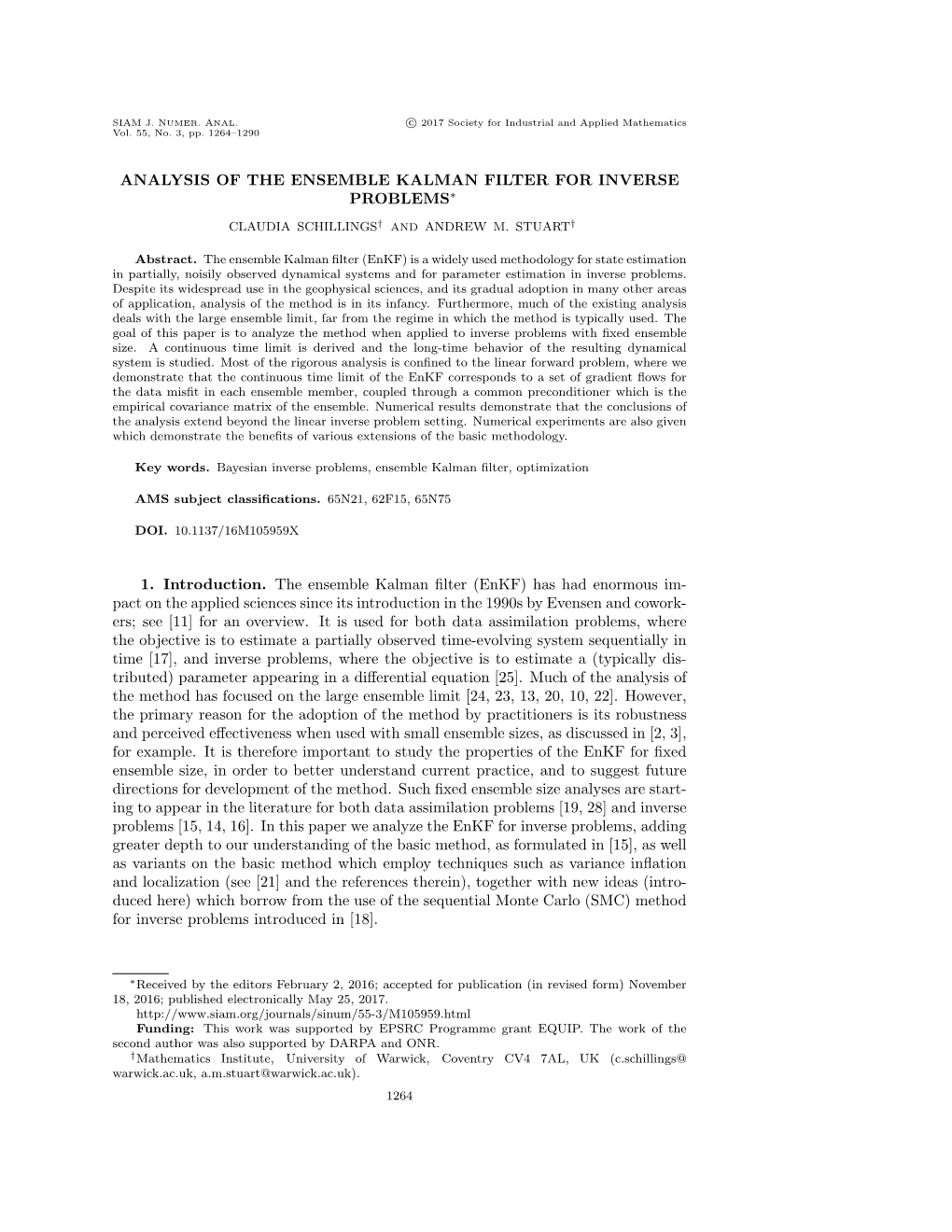 Analysis of the Ensemble Kalman Filter for Inverse Problems∗